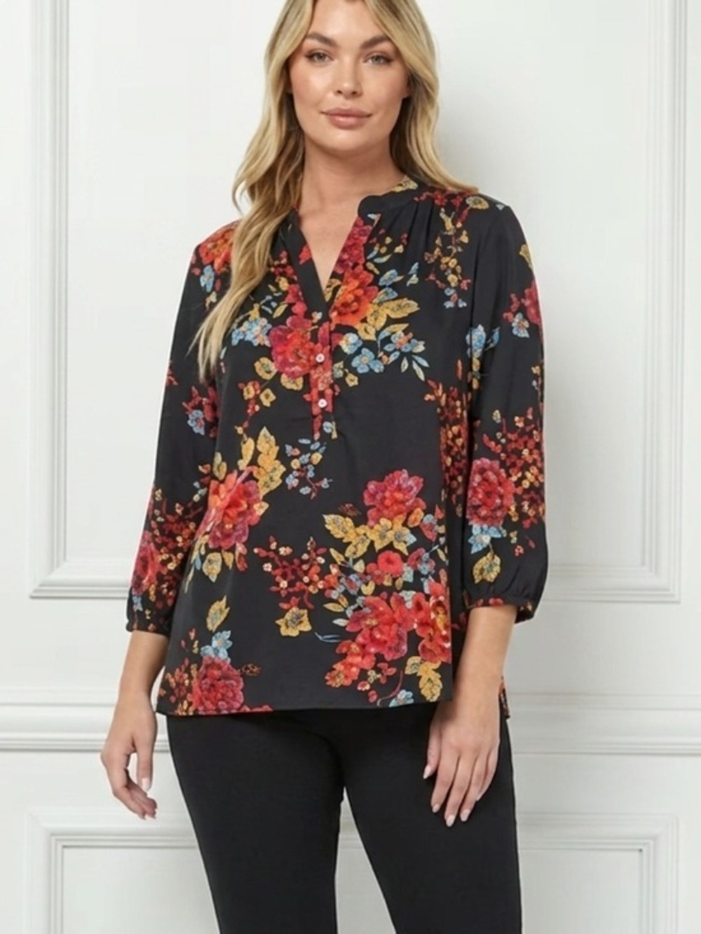 Sara Michelle Black Floral 3/4 Elastic Sleeve Mandarin Smock Collar Popover 1X